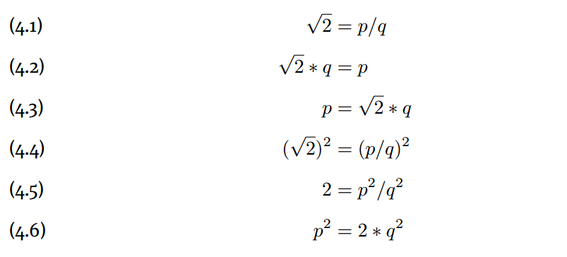 Steps of transformation to approach an epistemic value in finding whether or not the square root of 2 is an rational number.